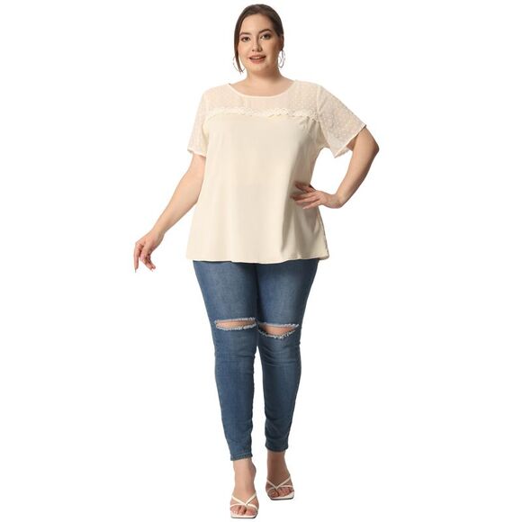 Plus Size Tops Round Neck Short Sleeves Polka Dots Lace Panel Blouses Beige - Picture 3 of 6